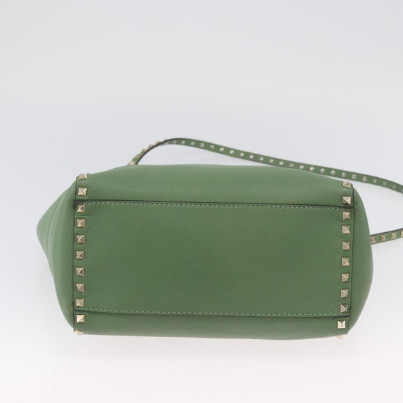 VALENTINO Rock Studs Hand Bag Leather 2way Green Gold Auth BA11265