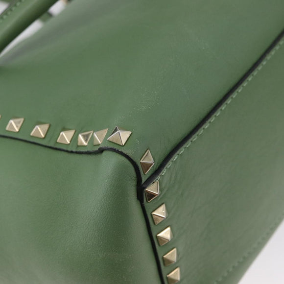 VALENTINO Rock Studs Hand Bag Leather 2way Green Gold Auth BA11265