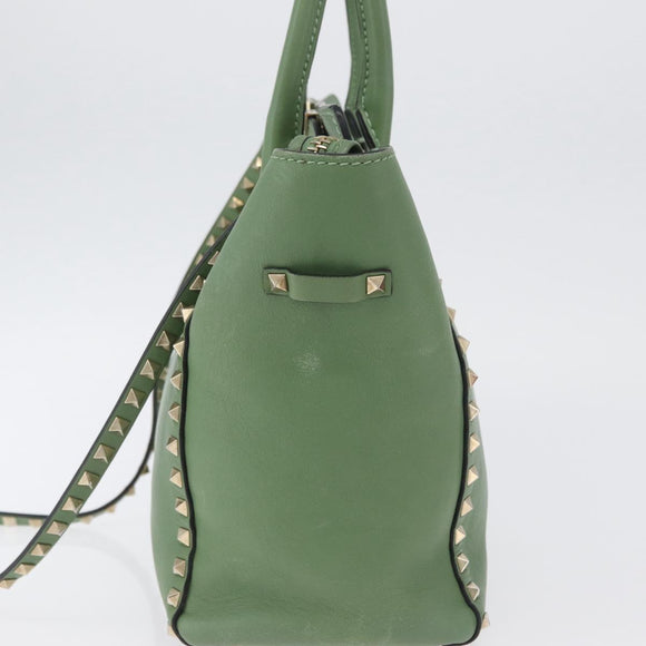 VALENTINO Rock Studs Hand Bag Leather 2way Green Gold Auth BA11265
