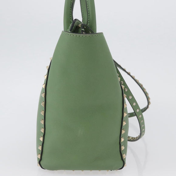 VALENTINO Rock Studs Hand Bag Leather 2way Green Gold Auth BA11265