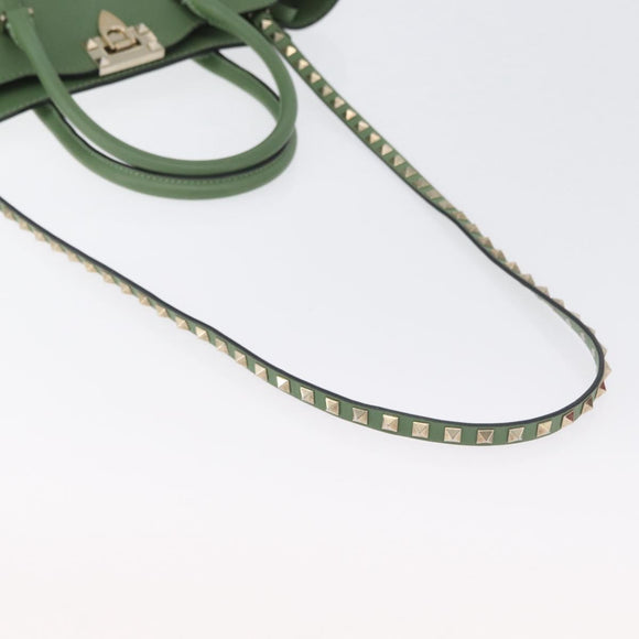 VALENTINO Rock Studs Hand Bag Leather 2way Green Gold Auth BA11265