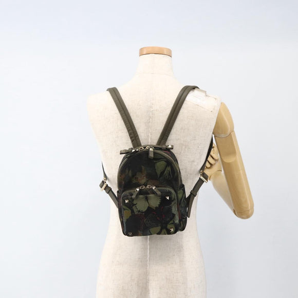 VALENTINO Backpack Nylon Khaki Champagne Gold Auth BA11275