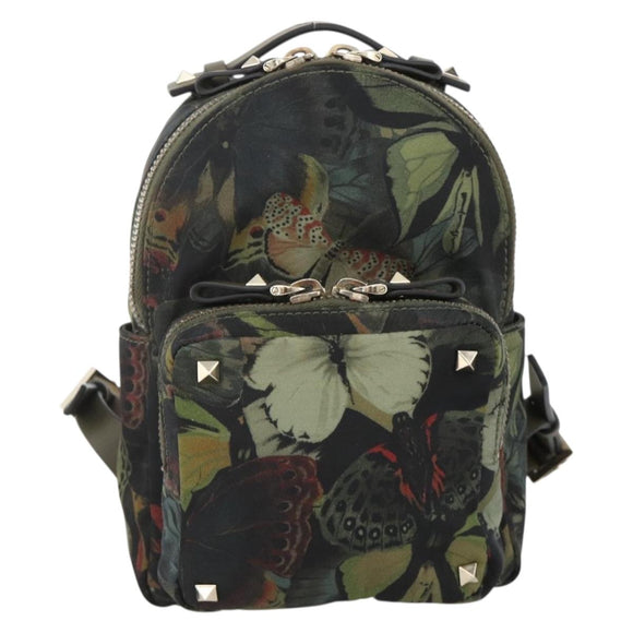 VALENTINO Backpack Nylon Khaki Champagne Gold Auth BA11275