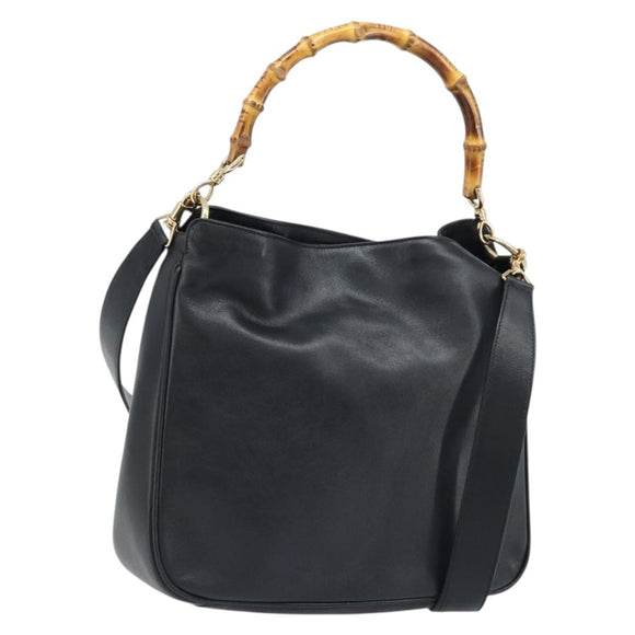 GUCCI Bamboo Shoulder Bag Leather 2way Black Gold 001 0166 1638 Auth BA11278