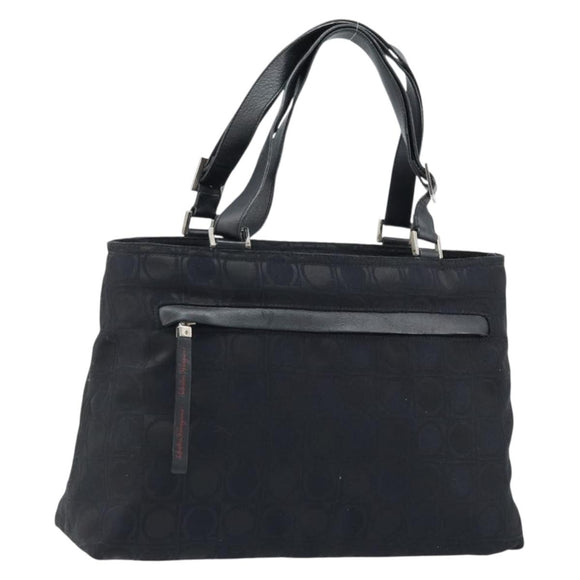 Salvatore Ferragamo Gancini Tote Bag Nylon Zwart Zilver Auth BA11280
