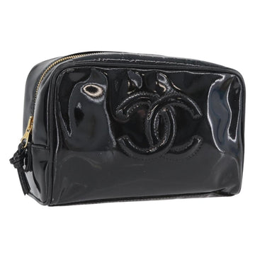 CHANEL COCO Mark Cosmetic Pouch Patent leather Black Gold CC Auth BA11290