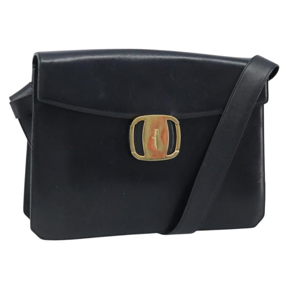 Salvatore Ferragamo Vala Shoulder Bag Leather Black Gold Auth BA11344