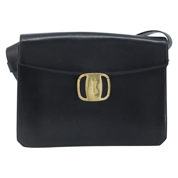 Salvatore Ferragamo Vala Shoulder Bag Leather Black Gold Auth BA11344