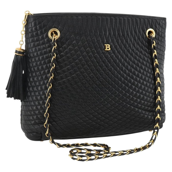 BALLY Quilted Chain Shoulder Bag Leather Black Gold Auth BA11359