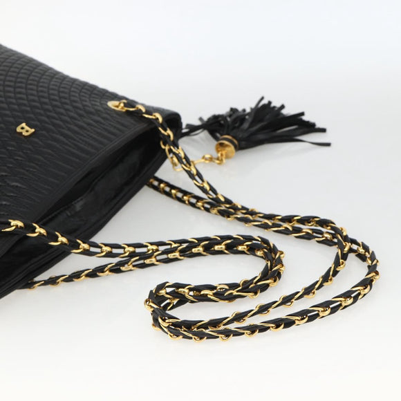 BALLY Quilted Chain Shoulder Bag Leather Black Gold Auth BA11359