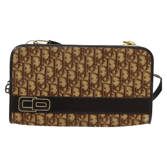 Christian Dior Trotter Canvas Shoulder Bag Brown Gold Auth BA1136
