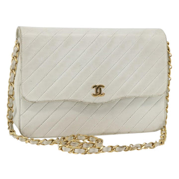 CHANEL Matelasse Chain Shoulder Bag Lamb Skin White Gold CC Auth BA11362A