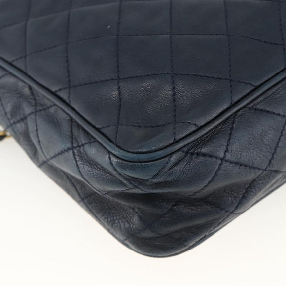 CHANEL Matelasse Chain Shoulder Bag Lamb Skin Navy Gold CC Auth BA11369