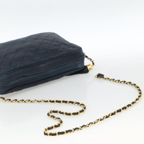 CHANEL Matelasse Chain Shoulder Bag Lamb Skin Navy Gold CC Auth BA11369