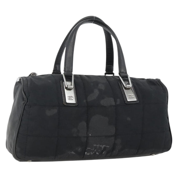 CHANEL Choco Bar Hand Bag Nylon Black Silver CC Auth BA11373