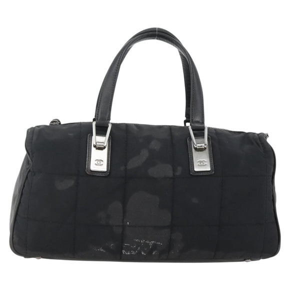 CHANEL Choco Bar Hand Bag Nylon Black Silver CC Auth BA11373