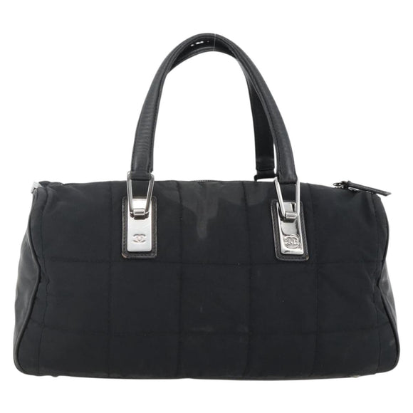 CHANEL Choco Bar Hand Bag Nylon Black Silver CC Auth BA11373