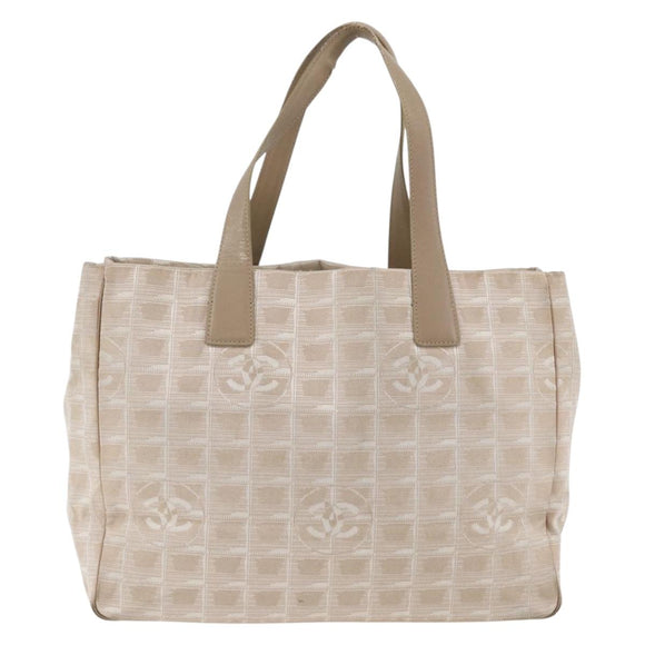 CHANEL New Travel Line Tote Bag Nylon Beige Silver CC Auth BA11399