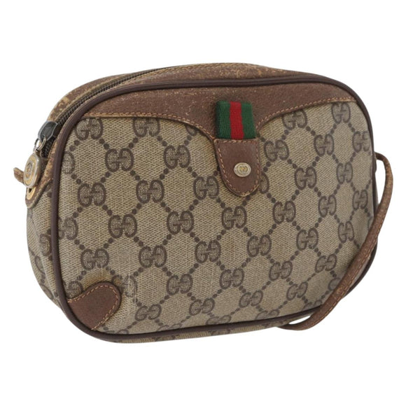 GUCCI GG Supreme Web Sherry Line Bag PVC Beige Gold 156 02 066 Auth BA11402