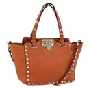 VALENTINO Studs Hand Bag Leather 2way Gold Orange brown Auth BA11416-1