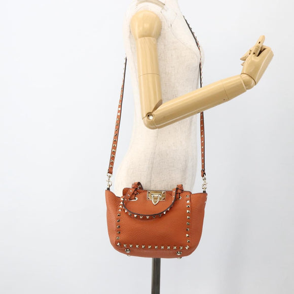 VALENTINO Studs Hand Bag Leather 2way Gold Orange brown Auth BA11416