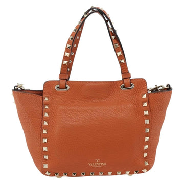 VALENTINO Studs Hand Bag Leather 2way Gold Orange brown Auth BA11416 - 0