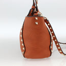 VALENTINO Studs Hand Bag Leather 2way Gold Orange brown Auth BA11416-3