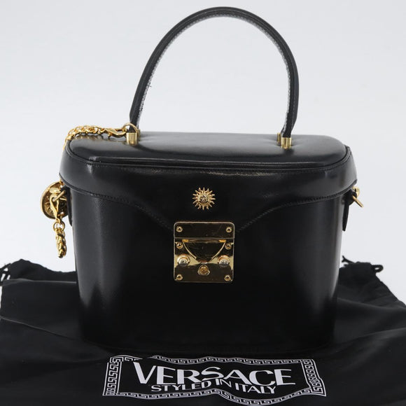 VERSACE Hand Bag Leather 2way Black Gold Auth BA11419