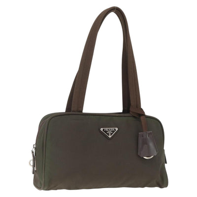 PRADA Hand Bag Nylon Khaki Silver Auth BA11423