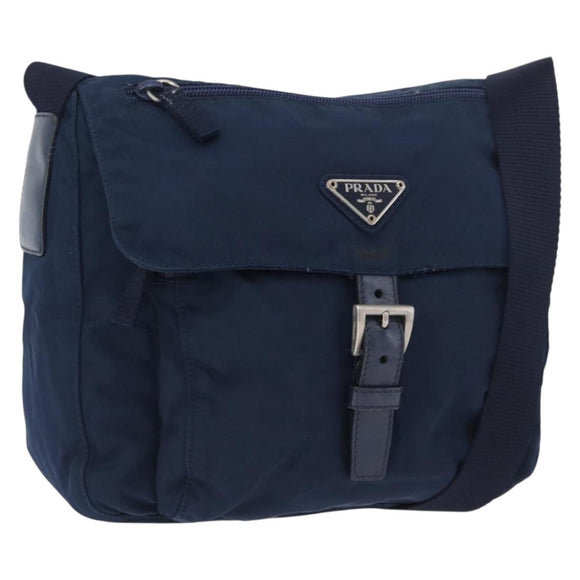 PRADA Schoudertas Nylon Marine Zilver Auth BA11437