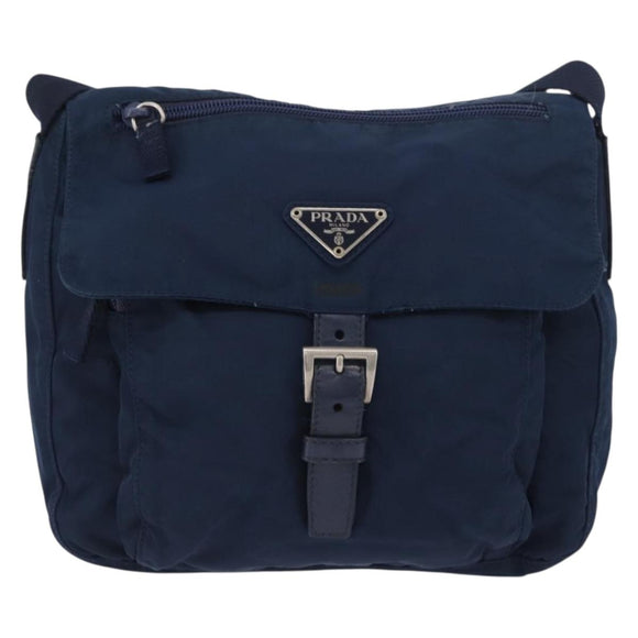 PRADA Schoudertas Nylon Marine Zilver Auth BA11437