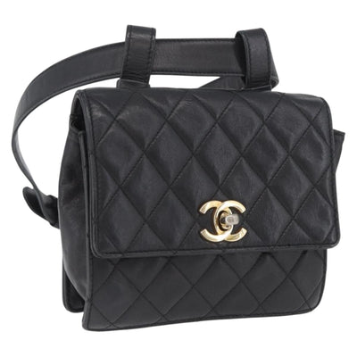 CHANEL Waist Bag Lamb Skin Black Gold CC Auth BA11440A