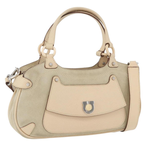 Salvatore Ferragamo Hand Bag Suede 2way Beige Silver Auth BA11445