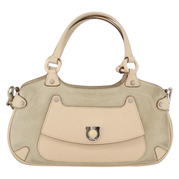 Salvatore Ferragamo Hand Bag Suede 2way Beige Silver Auth BA11445