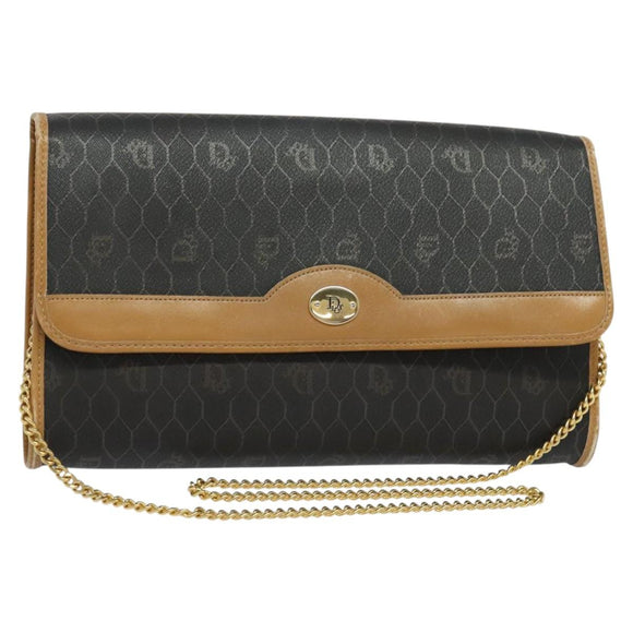 Christian Dior Honeycomb Canvas Chain Shoulder Bag PVC Black Gold Auth BA1145