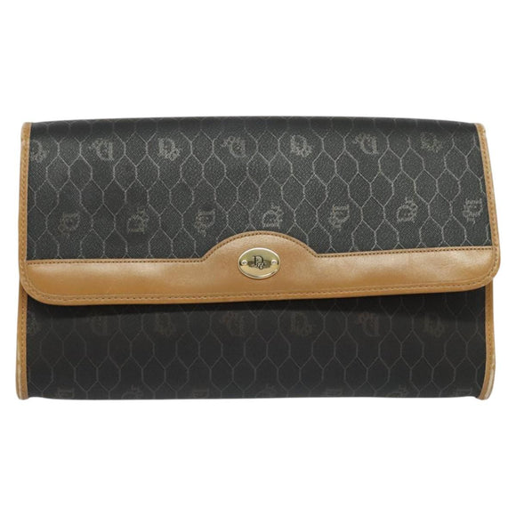 Christian Dior Honeycomb Canvas Chain Shoulder Bag PVC Black Gold Auth BA1145