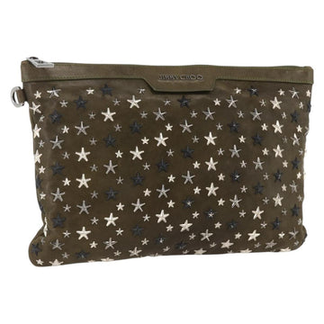 Jimmy Choo Studs Clutch Bag Leather Khaki Auth BA11453