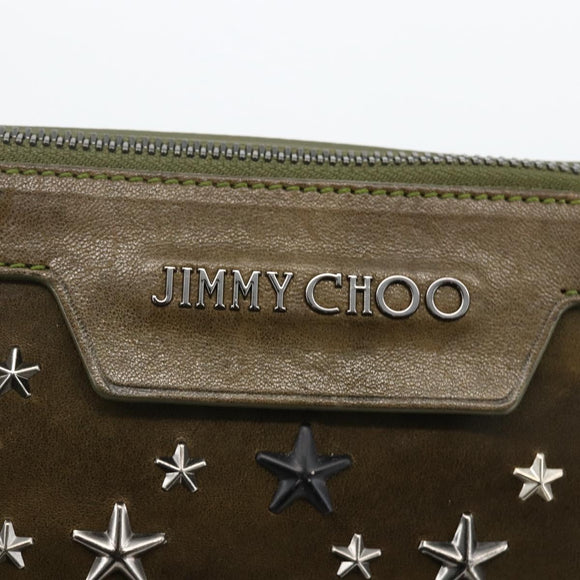 Jimmy Choo Studs Clutch Bag Leather Khaki Auth BA11453
