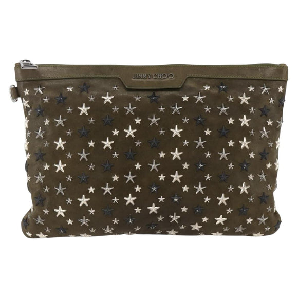 Jimmy Choo Studs Clutch Bag Leather Khaki Auth BA11453