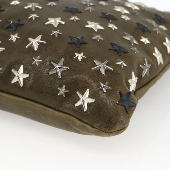 Jimmy Choo Studs Clutch Bag Leather Khaki Auth BA11453