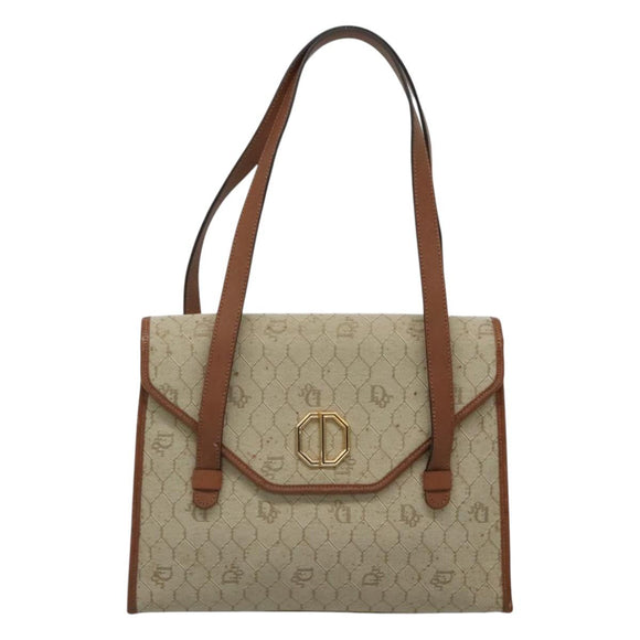 Christian Dior Honeycomb Canvas Shoulder Bag Beige Gold Auth BA1146