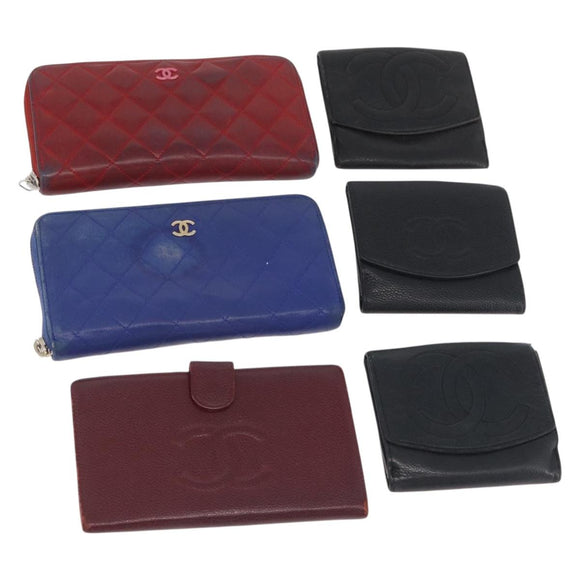 CHANEL Wallet Leather 6 Set Blue Black Red CC Auth BA11504