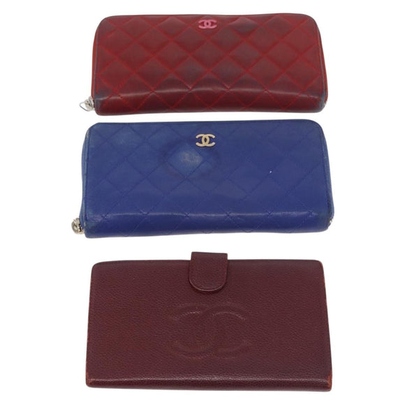 CHANEL Wallet Leather 6 Set Blue Black Red CC Auth BA11504