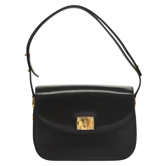 BALLY Shoulder Bag Leather Black Gold Auth BA1153