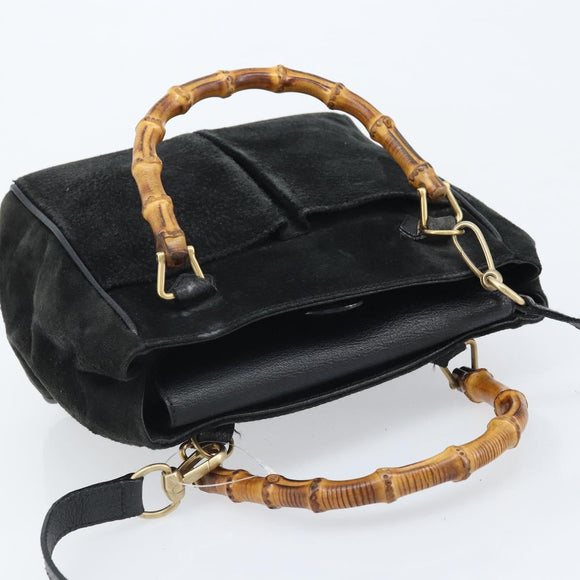 GUCCI Bamboo Hand Bag Suede 2way Black Gold 000 122 0316 Auth BA11541