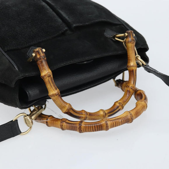GUCCI Bamboo Hand Bag Suede 2way Black Gold 000 122 0316 Auth BA11541