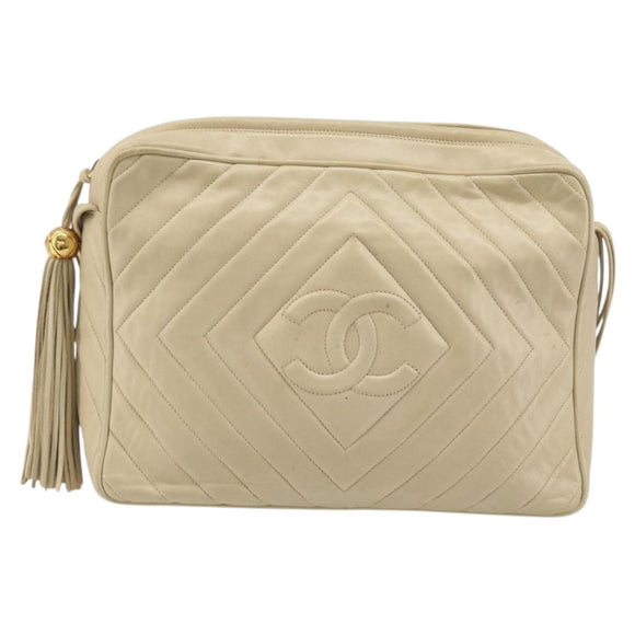 CHANEL Shoulder Bag Lamb Skin Beige Gold CC Auth BA11562A