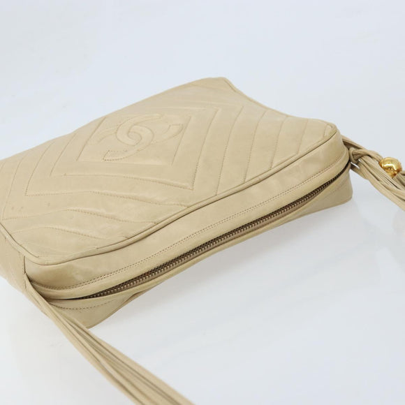 CHANEL Shoulder Bag Lamb Skin Beige Gold CC Auth BA11562A