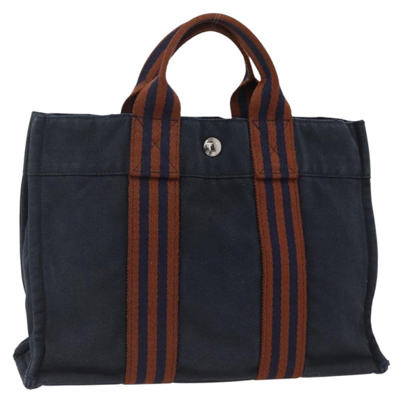 HERMES Fourre Tout PM Tote Bag Canvas Navy Silver Auth BA11564