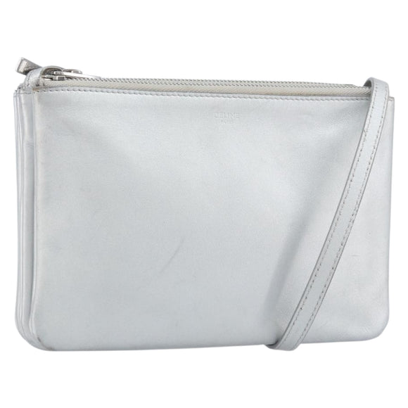 CELINE Shoulder Bag Leather Silver Auth BA11569